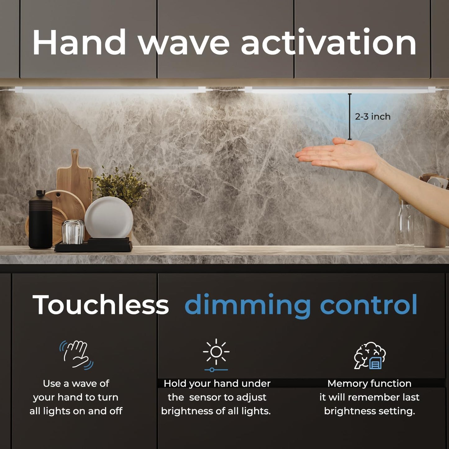 Hand Wave Activated under Cabinet LED Lighting Kit, Dimmable, 6-Pack 12 in - Touchless Dimming Control, Black under Counter Lights for Kitchen, Garage, Office, Desk - Cool White (6000K)