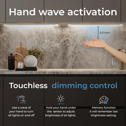 Hand Wave Activated under Cabinet LED Lighting Kit, Dimmable, 6-Pack 12 in - Touchless Dimming Control, Black under Counter Lights for Kitchen, Garage, Office, Desk - Cool White (6000K)